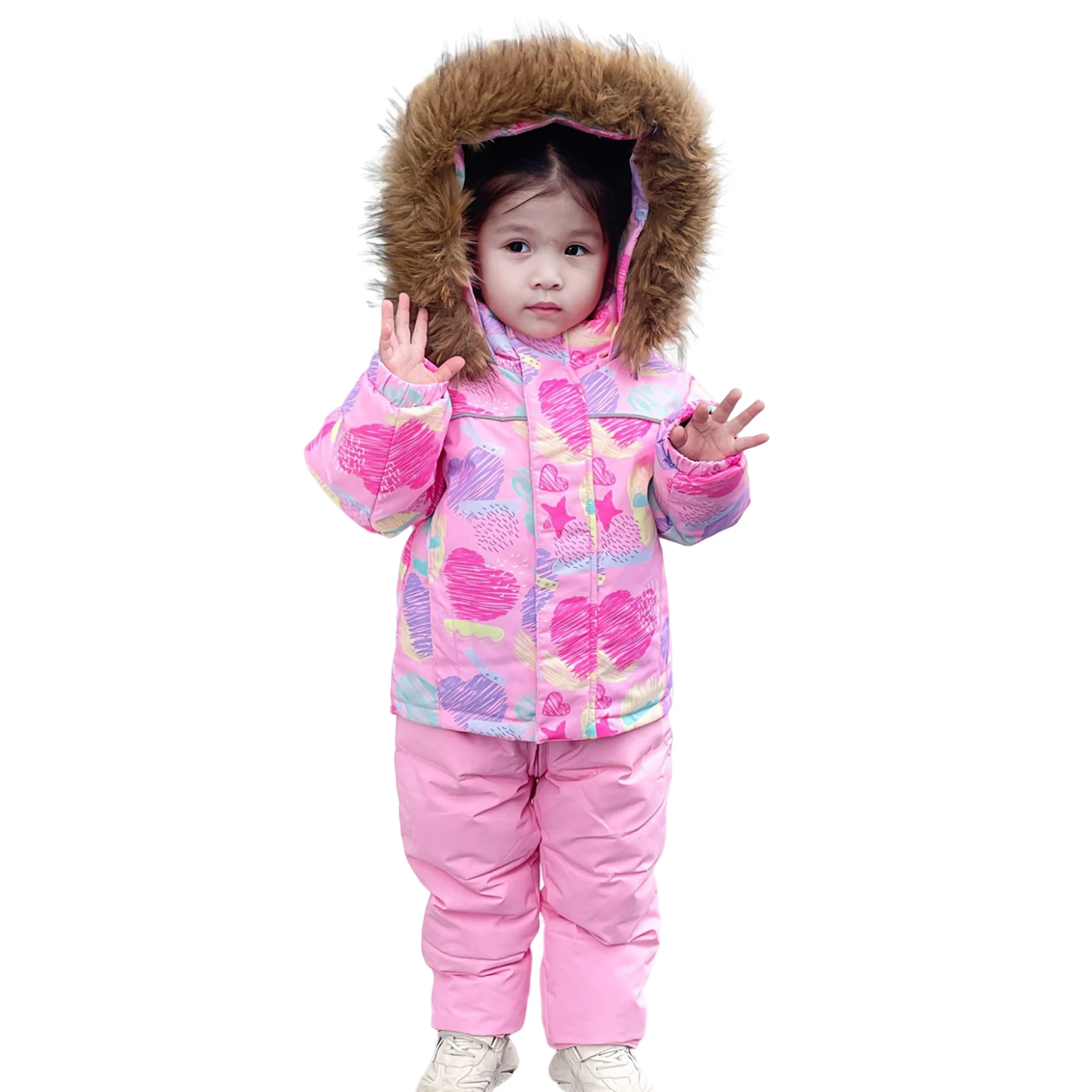 2-Piece Toddler Girls Boys Snowsuit,Kids Winter Coat Snow Pants,Fur Hood Children's Down Jacket,Windproof Skiing Wear for 2-6T