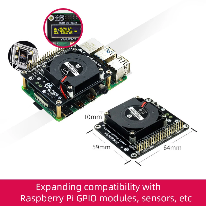 Raspberry Pi Turbo Fan GPIO Expansion Board ICE Cooling with Ambient LED Light CE Board for Raspberry Pi 4B/3B+/3B/3A+