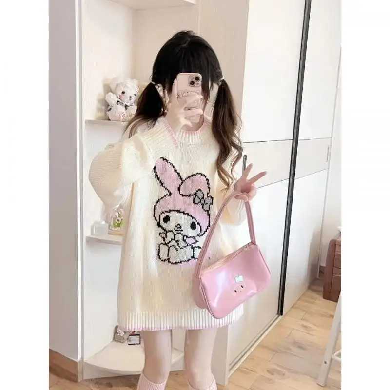 Japanese My Melody Women's Cute Sweater Korean Fashion New Knitted Sweater Lazy Style Kawaii Hip-Hop Pink Knitted Top Harajuku S