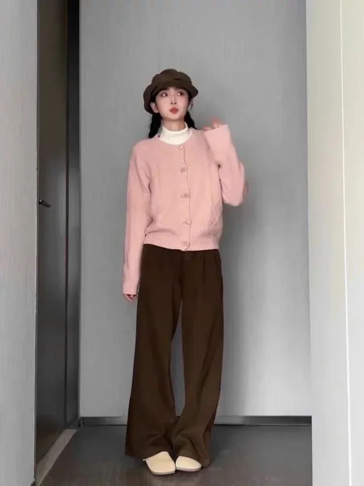 

Pink Sweater Women Slouchy Autumn Single Breasted Cardigan Tender Knitwear New Sweet Girls Warm Stretchy Temper Korean Style