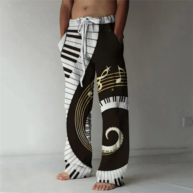 New summer beach pants men's simple casual wide-leg pants 3D printing music fashion wide-leg pants Hawaiian style pants