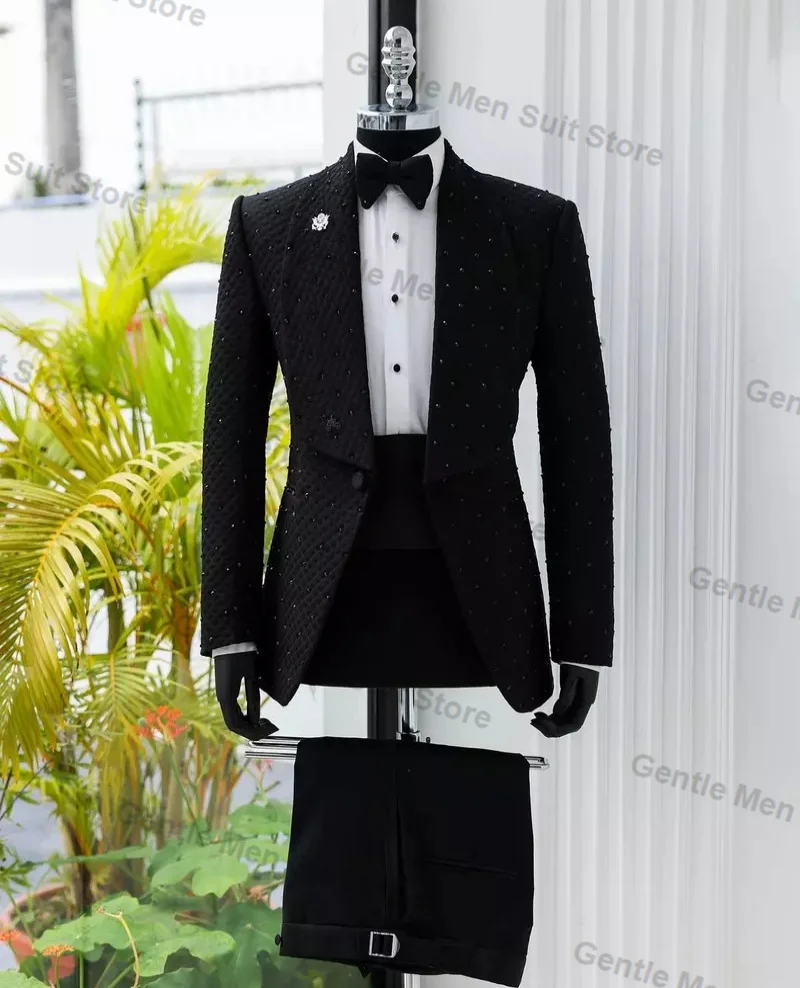 Black Pearls Men Suits Set 2 Piece Blazer+Pants Luxury Prom Groom Wedding Tuxedo Coat Tailored Made Business Jacket Trousers