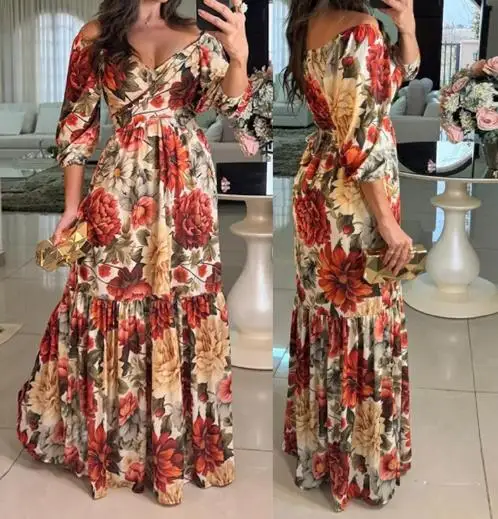 

Summer Women's Fashionable and Elegant Floral Print Lace Up V-Neck Big Swing Skirt, Elegant and Sexy Waist Cinched A-Line Dress