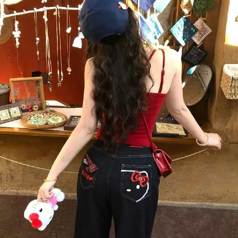 سانريو مرحبا كيتي المتضخم جينز مطبوع أنيمي Y2K موضة الهيب هوب الاتجاه شارع العليا Harajuku نمط عادية مستقيم بانت المرأة #5