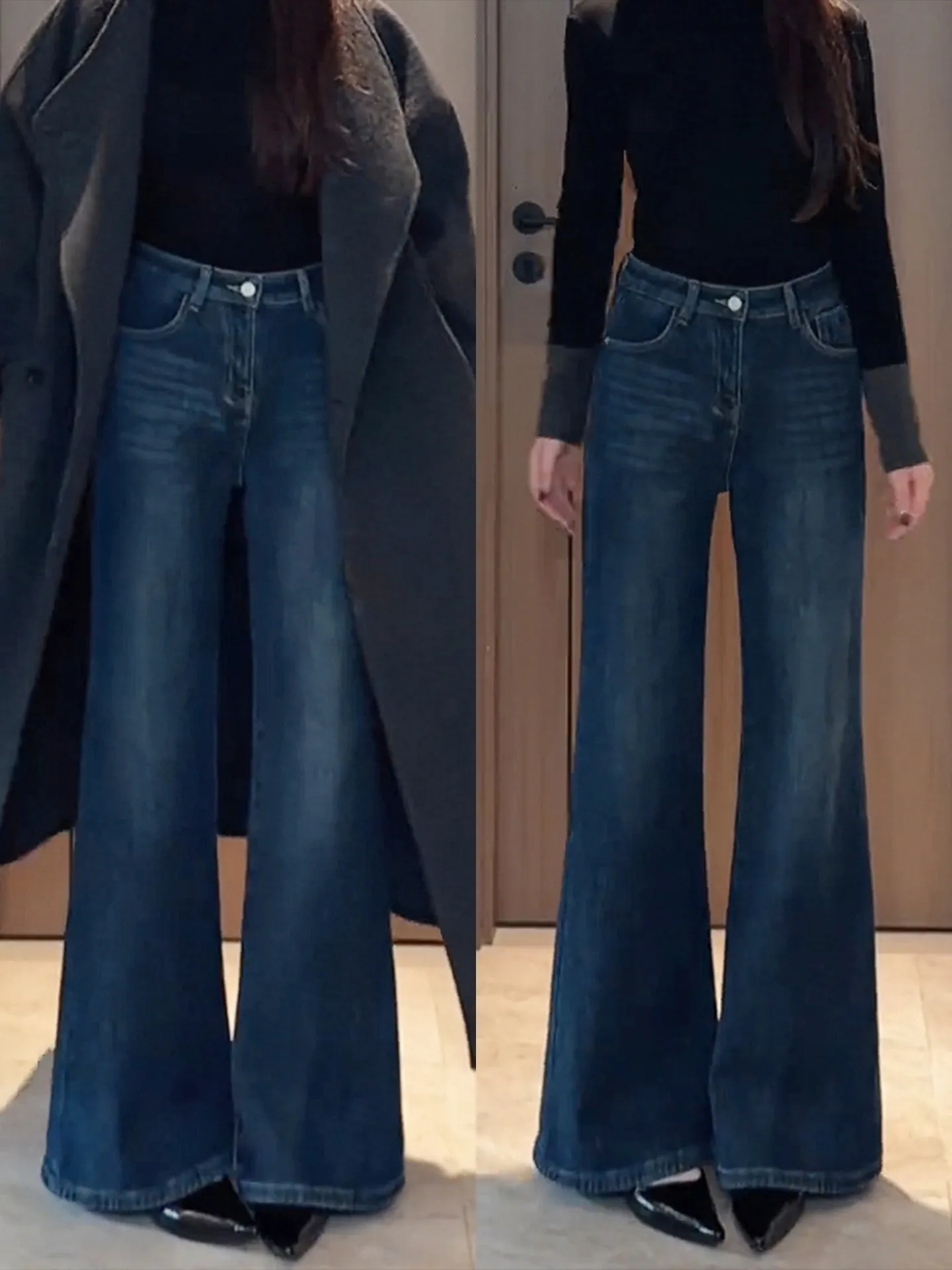 Slimming Effect Loose Fitting Winter Denim Bell Bottom Pants Thickened Fleece High Waist Wide Leg Jeans for plus Size Women