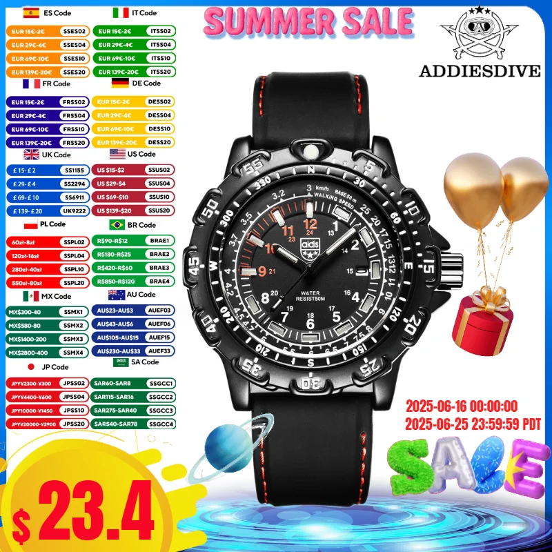 

ADDIESDIVE Outdoor Sports Luminous Tube Quartz Wrist Watches 50M waterproof Men Black Silicone Watch Clock Men's watch