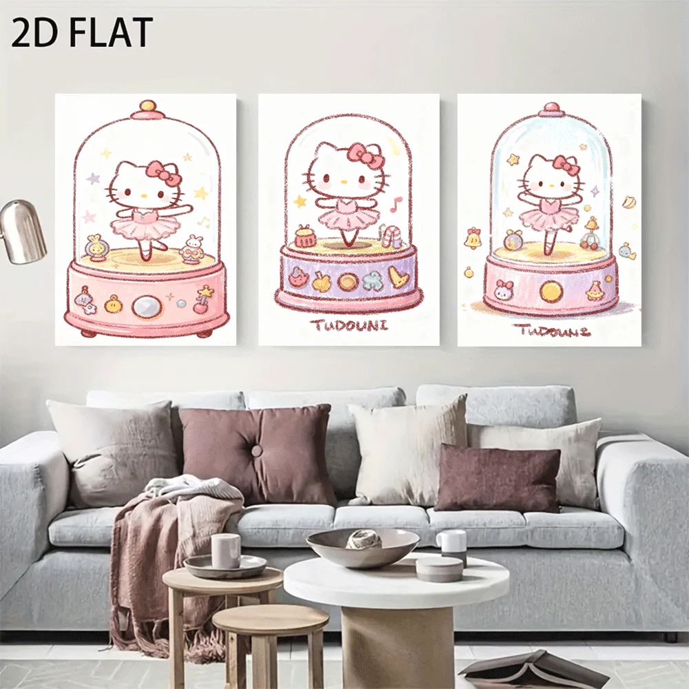 AZNM Hello Kitty Canvas Wall Art Unframed Cute Cartoon Print Poster Ballerina Music Box Star Pink Bow Design for Girls Bedroom L