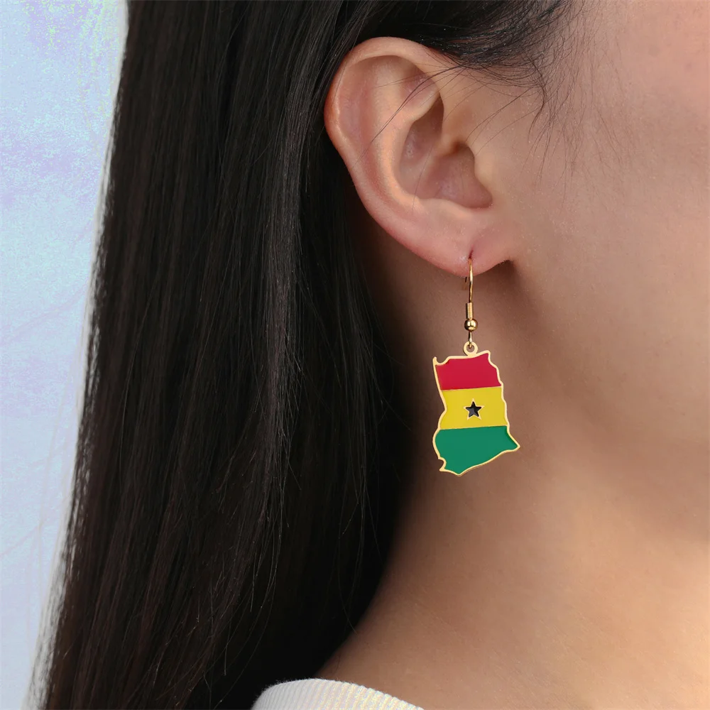 EUEAVAN Enamel Ghana Map Pendents Dangle Earrings for Women Stainless Steel Trendy Africa Flag Ethnic Jewelry Gifts Wholesale