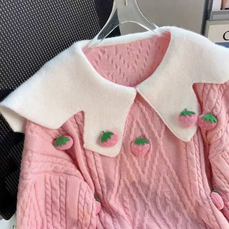 Kimotimo Cute 3D Strawberry Sweater Women 2025 Autumn Winter Peter Pan Collat Loose Twist Pullover Korean Sweet Design Knit Tops