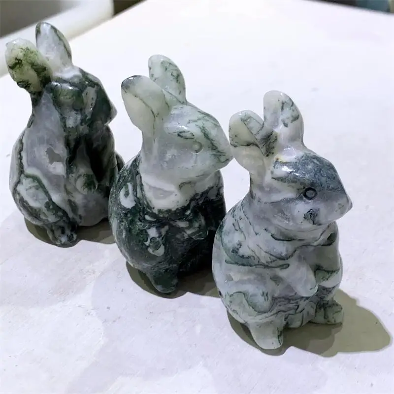 Natural Moss Agate Rabbit Carving Craft Animal Gift Crafts Feng Shui Home Decoration Stone Statues 1PCS