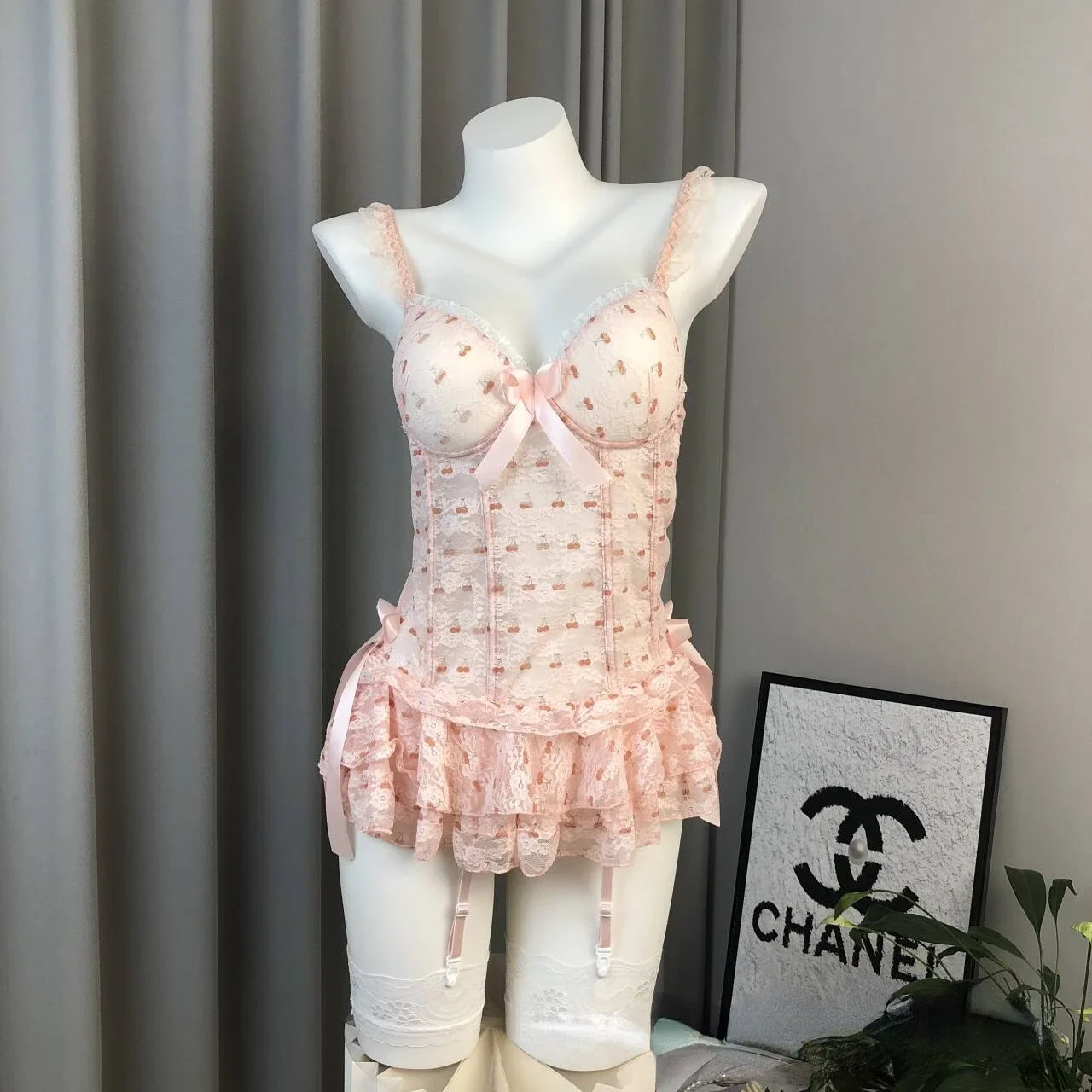 

Cute Cherry Lace Nightdress Women Pink Girdling Suspenders with Bra Pad Underwear Sleepwear Sexy Mini Nightgown Lingerie Outfits