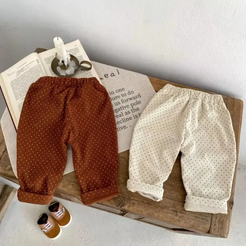 

Модные вельветовые свободные свободные брюки в горошек 116008, новые весенне-осенние детские брюки для мальчиков и девочек