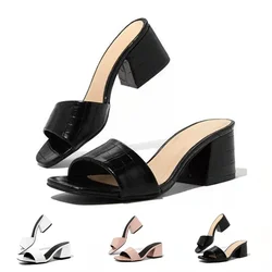 Summer Women Open-toe Square Head Leather Slippers Woman Low Heel Rubber Casual Black Sandals Elegant Beach Home Shoes