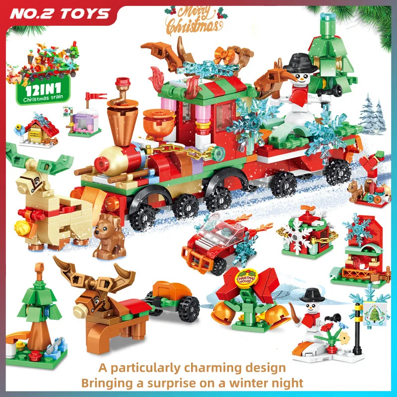 

Рождественский поезд, строительные блоки, Санта-Клаус, снеговик, рождественская елка, микроблоки, кирпичи, сборка, головоломка, игрушка, домашний декор, вечерние подарки для детей