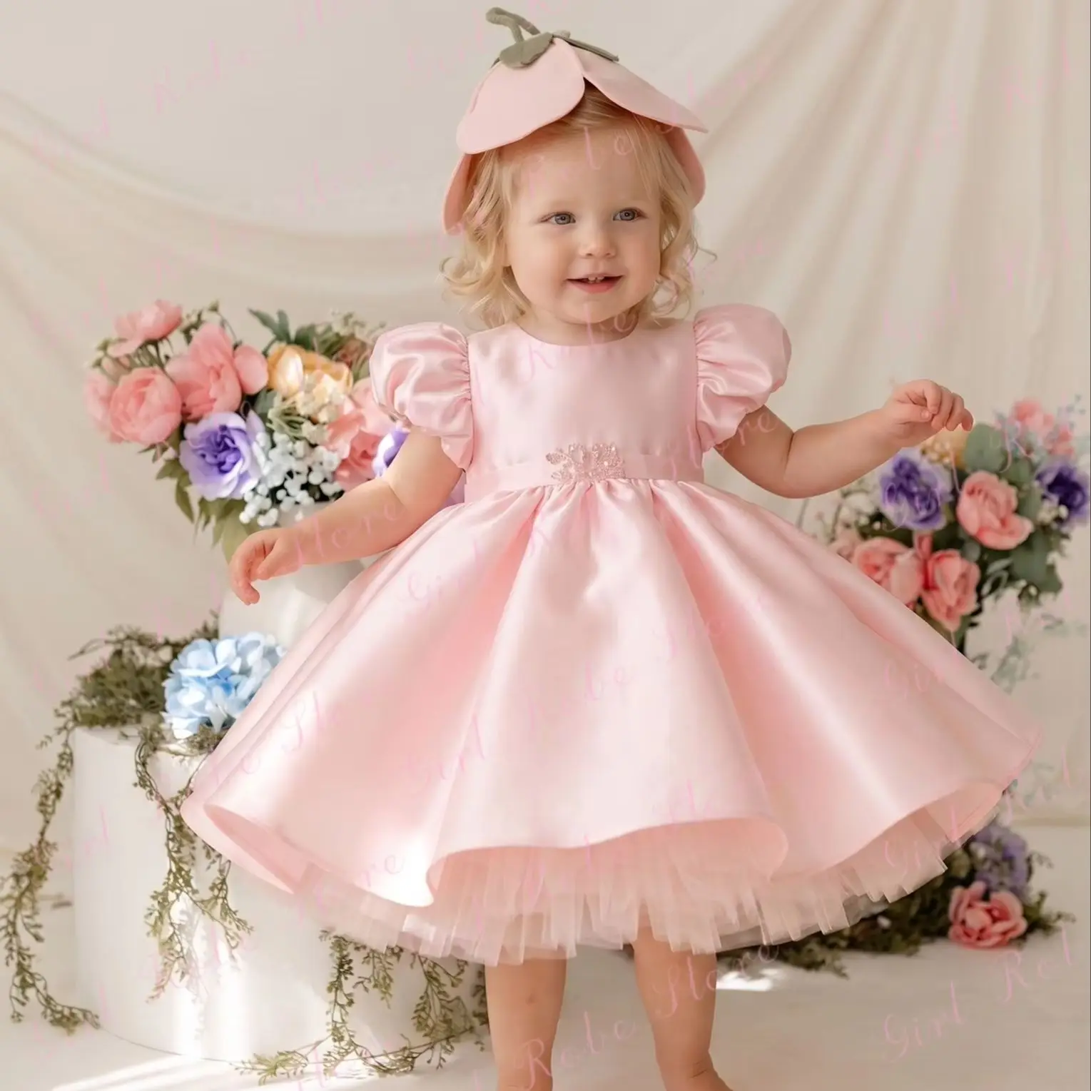 Sweet Pink Satin Flower Girl Dress For Wedding Knee Length With Bow Beading Lovely Baby Dress First Birthday Banquet Ball Gown