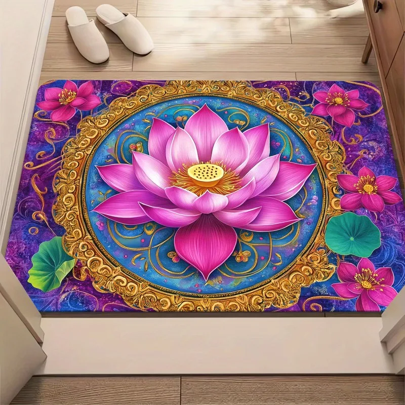 Ornate Purple Lotus Doormat Golden Frame Floral Sacred Bloom Elegant Home Entry Decor Mat