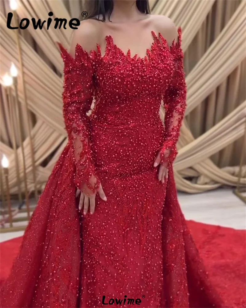 Elegant 2 In 1 Red Wedding Party Dresses Mermaid Long Sleeves Prom Dress Araic Middle East Women Beaded Evening Gowns 2024 Robe