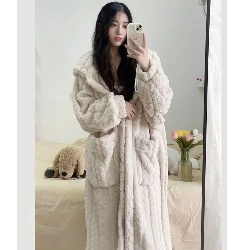 Kawaii chaud hiver vêtements de nuit mignon doux à capuche Robes loisirs corail polaire chemise de nuit