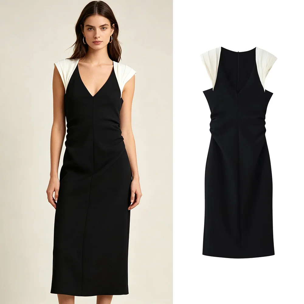 PRINTKAOIR Sommerkleid für Damen in Schwarz-Weiß mit Kontrastärmeln, geraffter Taille, figurbetontem Midikleid, elegantem V-Ausschnitt, schmal geschnittenes Kleid in Schwarz