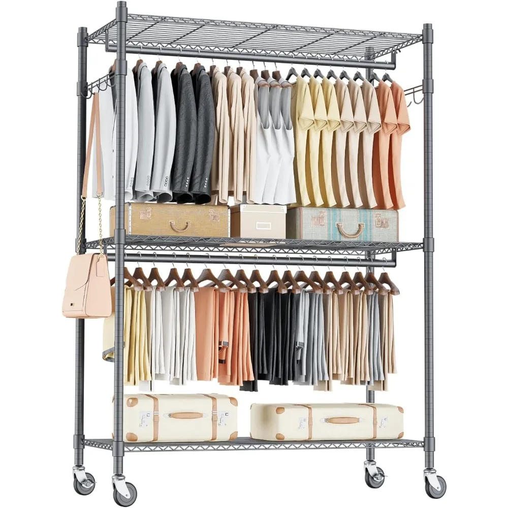 

Heavy Duty Rolling Clothing Rack, Adjustable Garment Rack with 3 Tier Storage Shelves, Freestanding Closet Wardrobe for Hanging