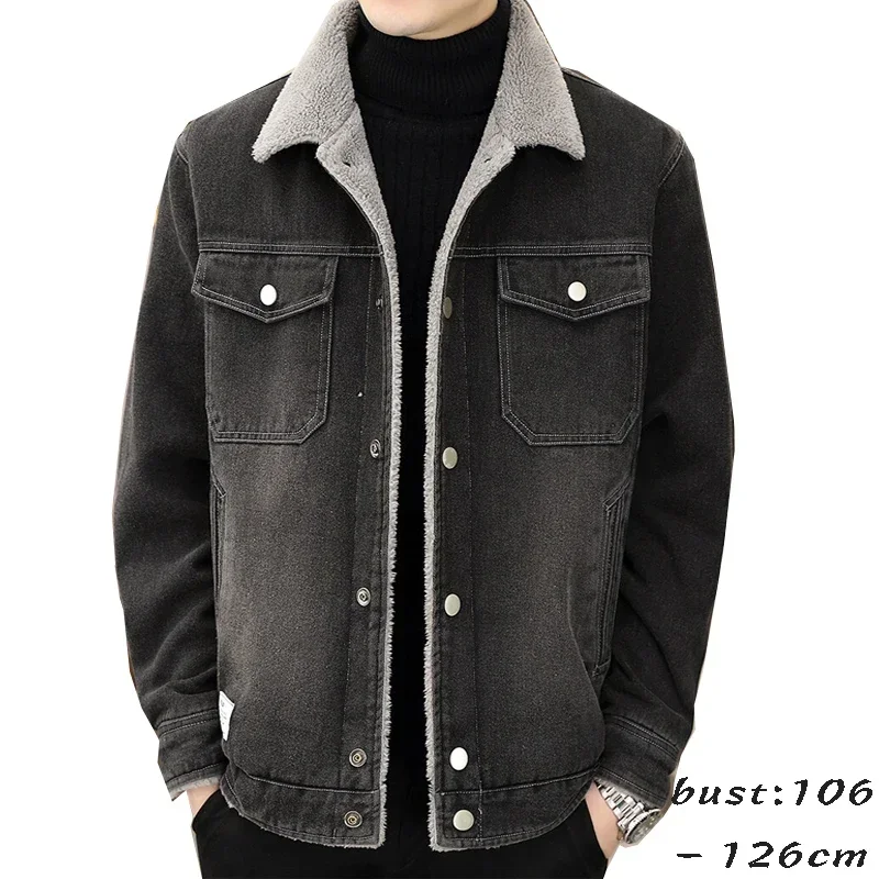 high quality winter denim jacket and coat for men plush lining big size new 2023 causal outerwear clothing - black blue