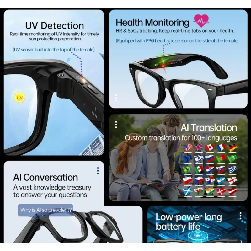 

W300 AI Smart Motion Glasses UV Detection Call Music, Heart Rate Blood Oxygen Body Temperature Detection