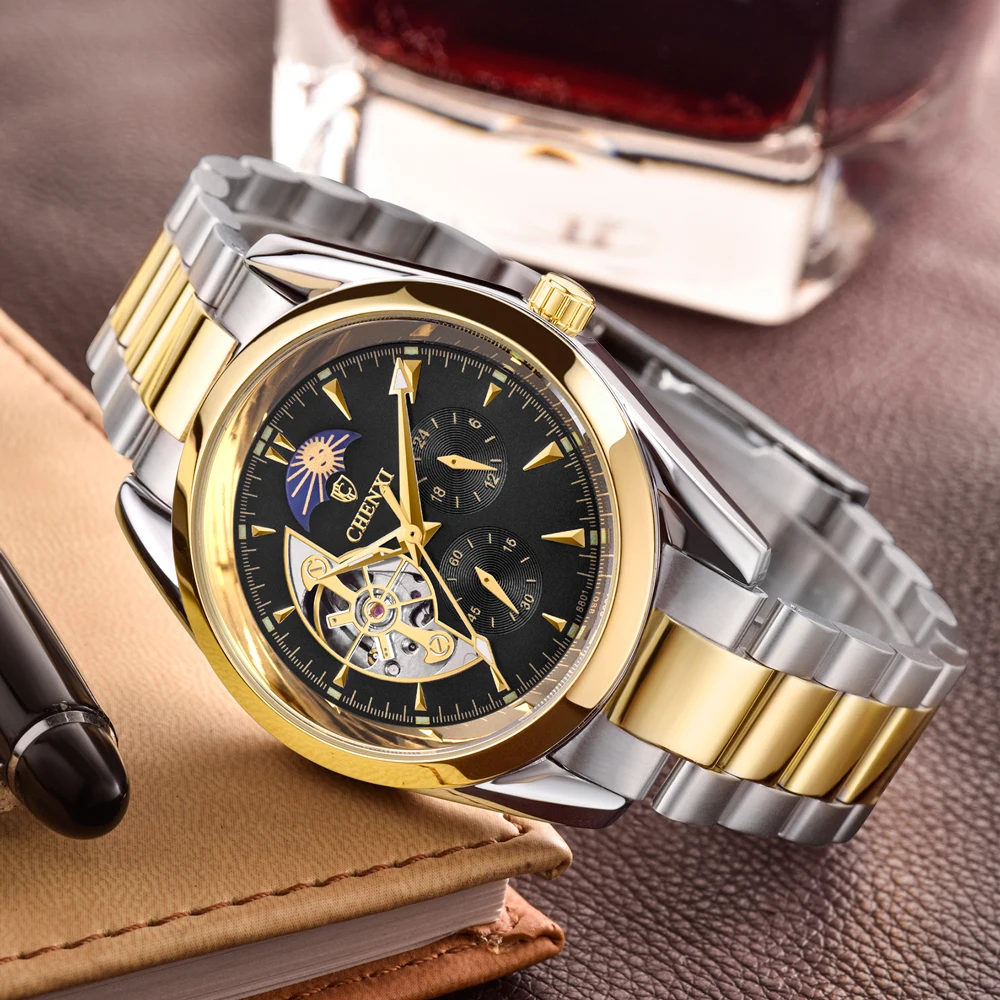 CHENXI Mechanical Watch Fashion Luxury Tourbillon Moon Phase Watches Men Silver Gold Steel Band Automatic Mechanical Wristwatch