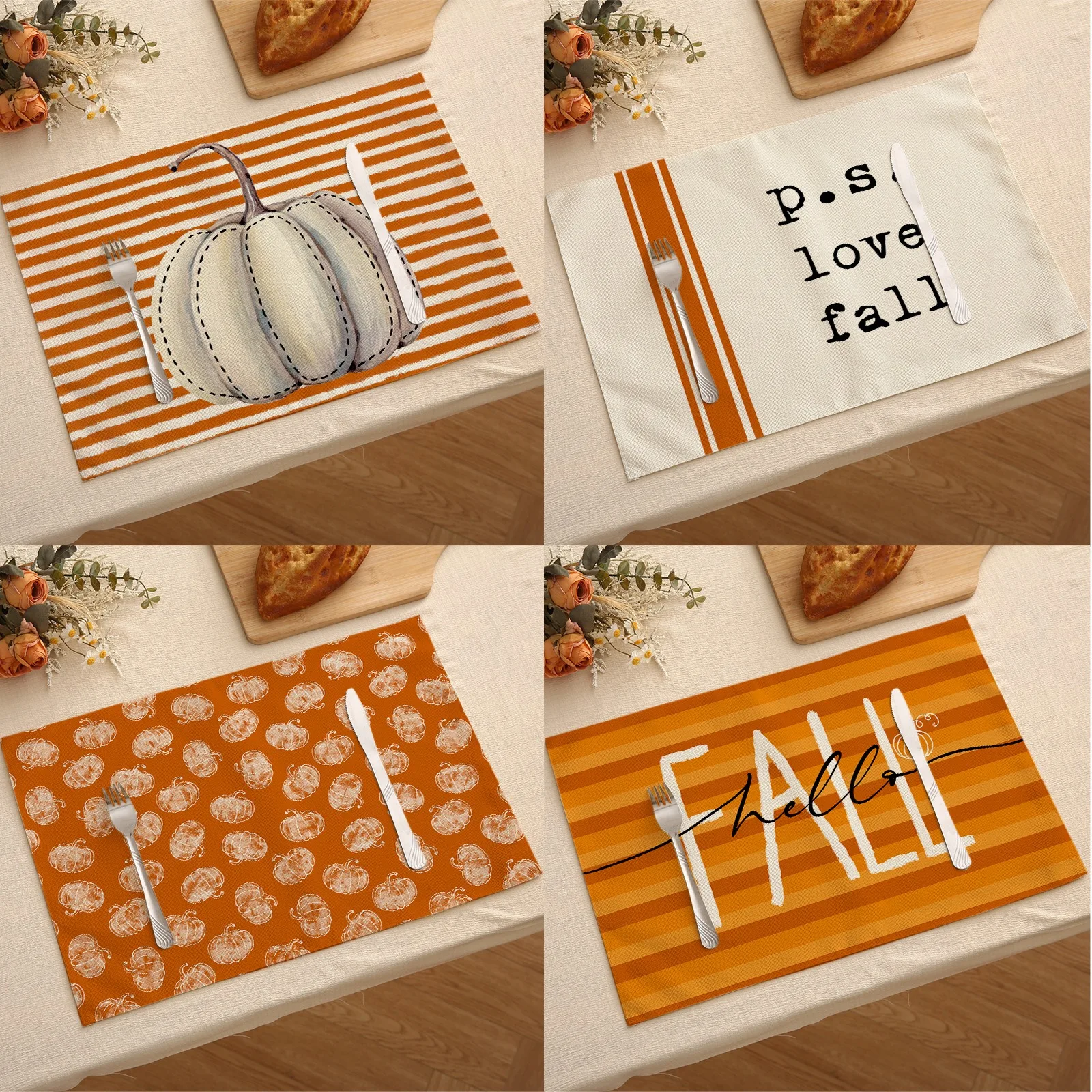 

Thanksgiving Day Placemats Pumpkin Fall Holiday Party Kitchen Linen Dinning Table Mats Bowl Coffee Cup Non-slip Pads Mats Decor