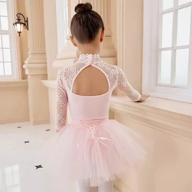 MN1 الفتيات فستان الباليه الجمباز ثياب تنورة دانتيل ثياب كم طويل فساتين الحفلات الاطفال طفل الجمباز ملابس السباحة ل 8/yG