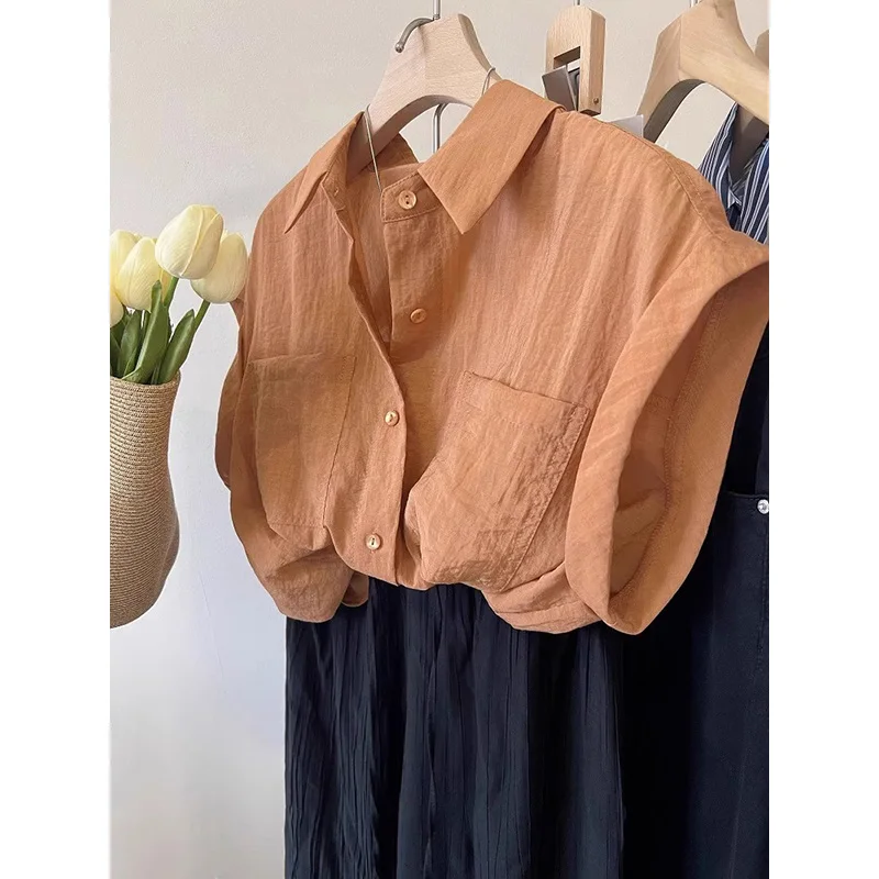 女性の夏のトップス Xiaofei スリーブシャツ コットンリネン半袖 フレンチ個性 シンプルなポロカラー
