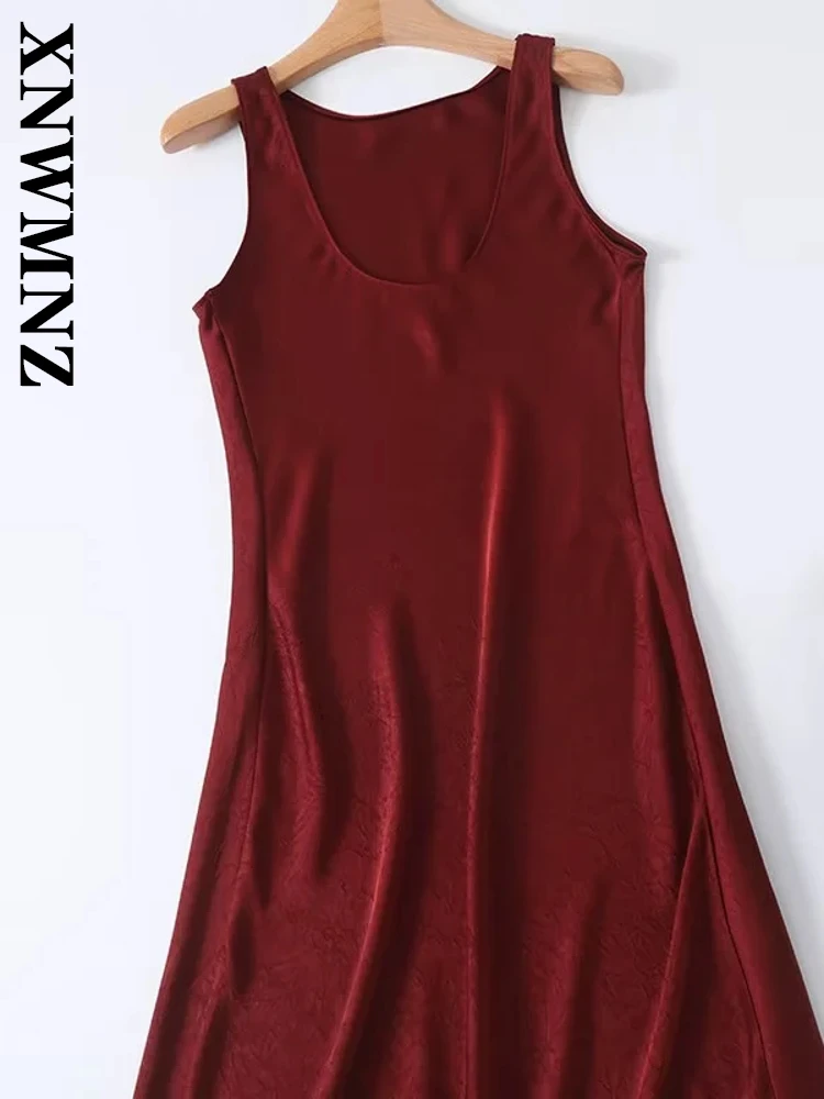 Xnwmnz 2025 verão nova mulher chique vestido de cetim maxi saia vintage feminino cor sólida o-gola sem mangas topo regular ajuste vestidos