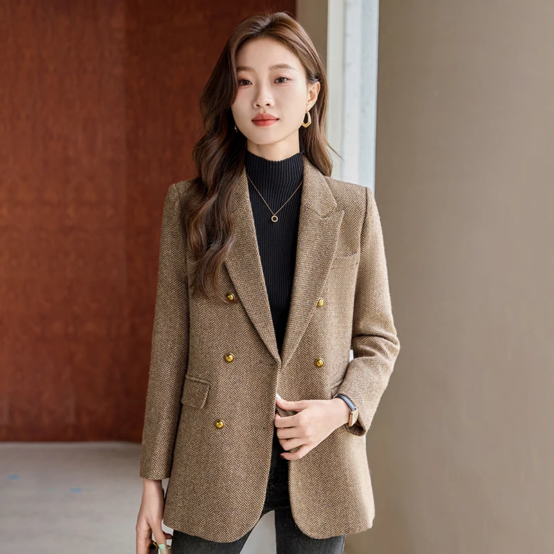 Women\'s Short Woolen Suit Jacket 2024 New Autumn and Winter French Style Coat High-grade Houndstooth Loose Casual Lady Suit Top