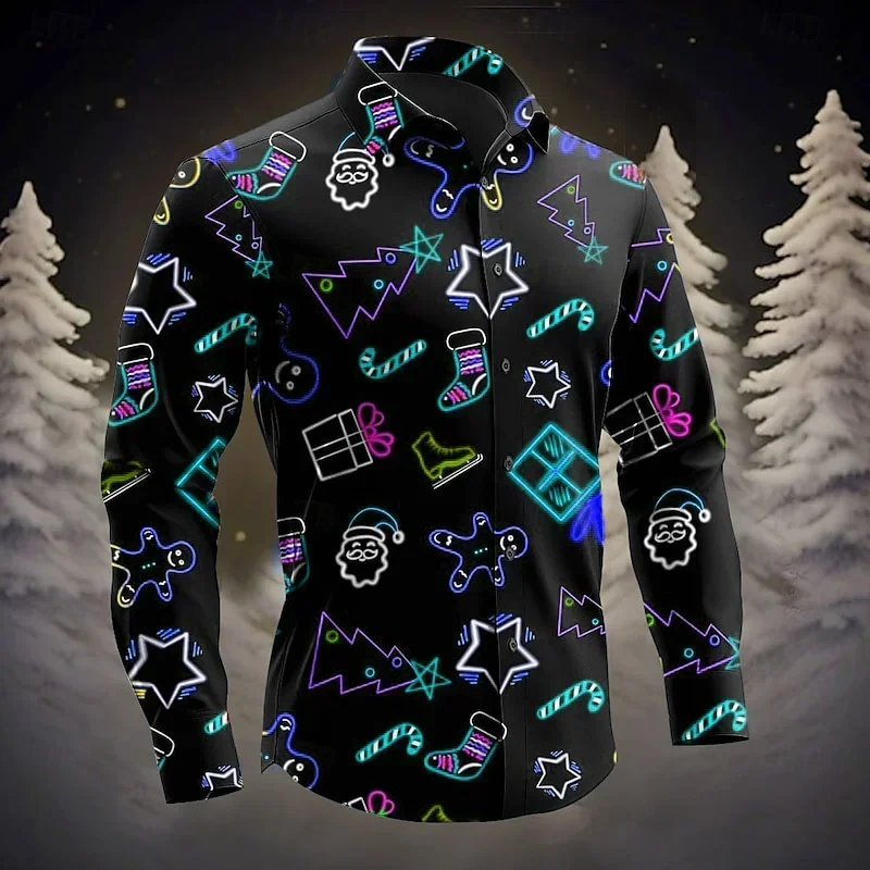 قميص رجالي لعيد الميلاد شجرة سانتا كلوز الزنجبيل رجل طوق قميص بأكمام طويلة عادية حفلة عطلة الخريف والشتاء قميص