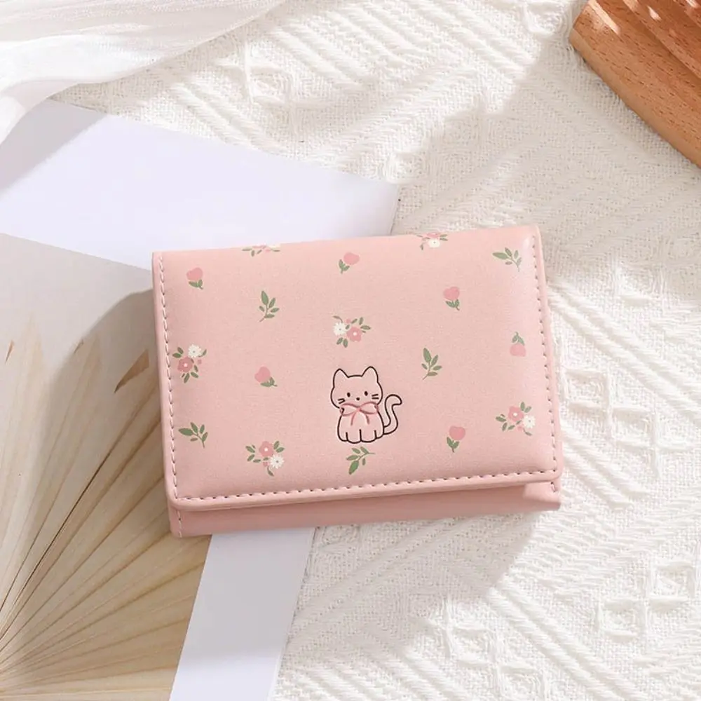 INS Style Cute Cat Short Wallet Flowers Pattern PU Leather Coin Purse Tri-fold Mini Wallet Gifts