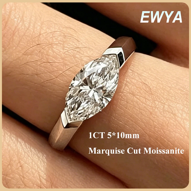 EWYA 1CT Marquise Cut Moissanite Solitaire Ring For Women 925 Silver GRA Certified Diamond Wedding Band Party Bridal Rings Gift