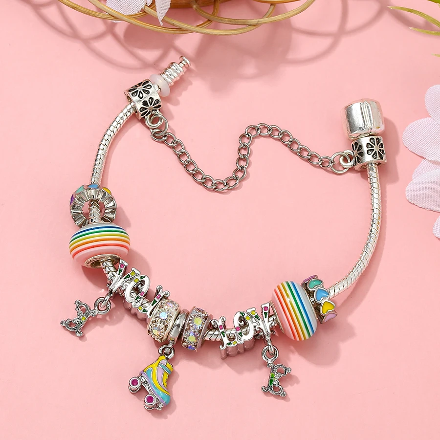 Seialoy Rainbow LOVE Beaded Roller Skates Charm Bracelets For Women Heart Beads Silver Color Bangle Jewelry Gifts