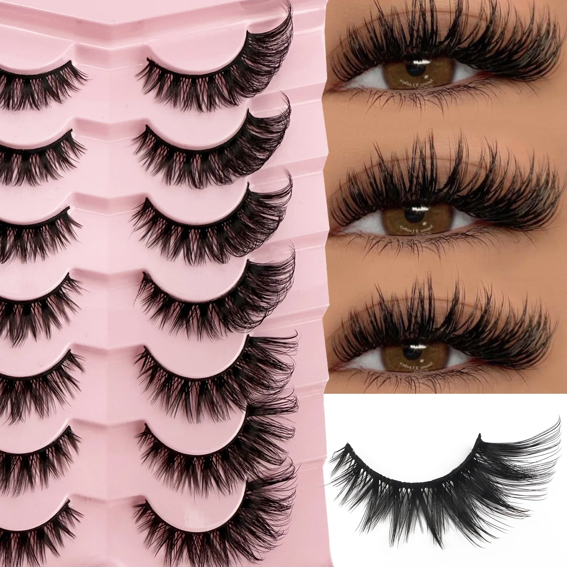 7 Pairs Wet Manga Faux Mink Lashes Wispy Fluffy Long Curly False Eyelashes For Daily Party Eye Makeup