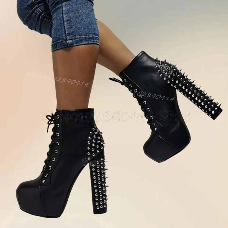 Silver Spikes Decor Black Round Toe Platform Boots Cross Tied Women Shoes Chunky High Heels Sexy Party 2024 Zapatos Para Mujere