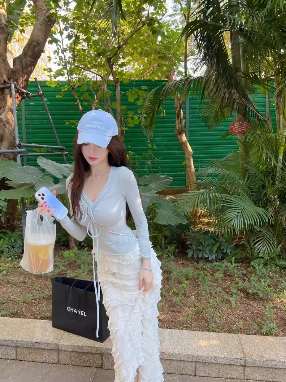 

Summer Mint Cake Skirt Knitted Crt Sunscreen Pure Desire Earlet f Skirt V-ne Long Sve Cotton Polyester Blend T-irt