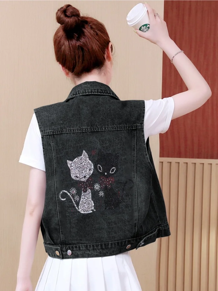 

Faionable Casual Sle Denim Vest Women's Spring Autumn Loose Fit Svel Outerwear Diamond ket Detail Collar