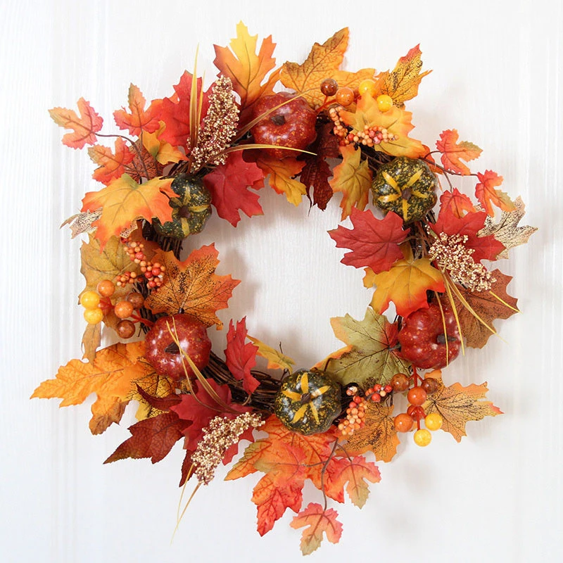 

40cm Autumn Door Wreath Christmas Halloween Decoration Pumpkin Berry Pine Cone Maple Artificial Wreath