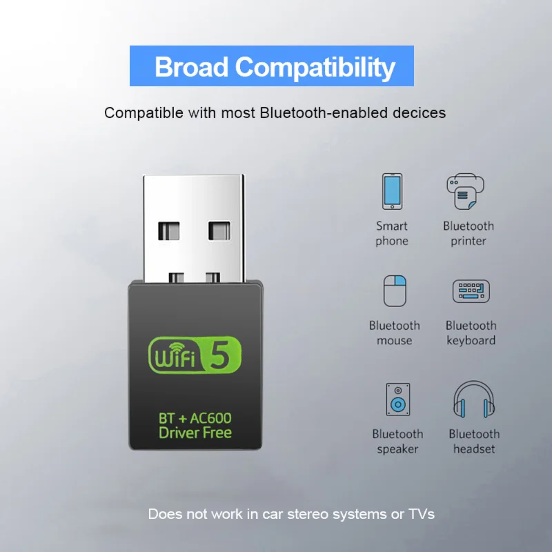 USB Bluetooth WiFi Adaptador Receptor, Placa de rede sem fio, Transmissor Dongle, IEEE 802.11B, 2.4G, BT V4.2, 600Mbps, 5G, 2.4G