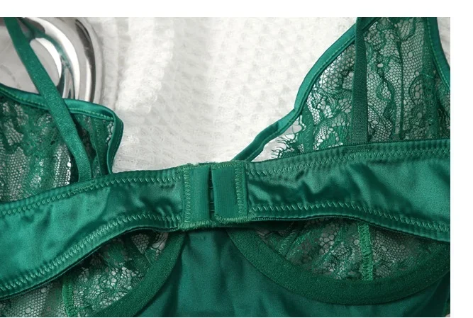 Big breasts women underwear thin lace bralette one-piece top support green bra set summer sexy bodysuit lingerie