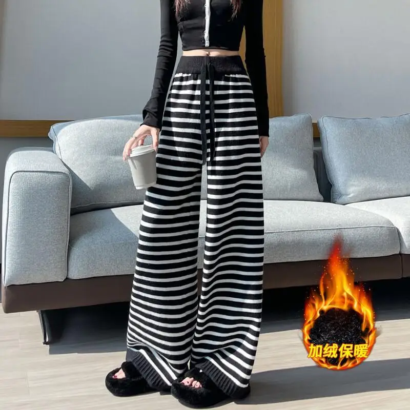 Frauen Herbst Und Winter Faul Streifen Fleece Breite Bein Hosen Frauen verdickt Elastische Taille Kordelzug Hohe Taille Schlank Gerade