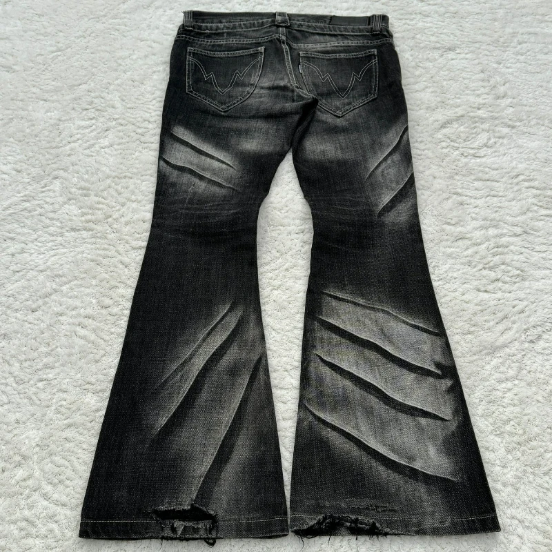 Y2K Distressed Flare Jeans Gothic Men Double Waist Lace Up Denim Pants Retro Washed Scratches Streetwear Unisex Bootcut Jeans