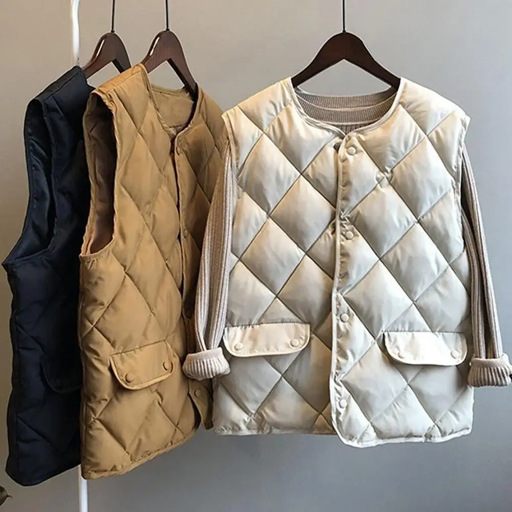Sleeveless Flap Pockets Rhombus Pattern Single-breasted Cotton Waistcoat Autumn Winter Solid Color O-neck Vest Coat Home Wear