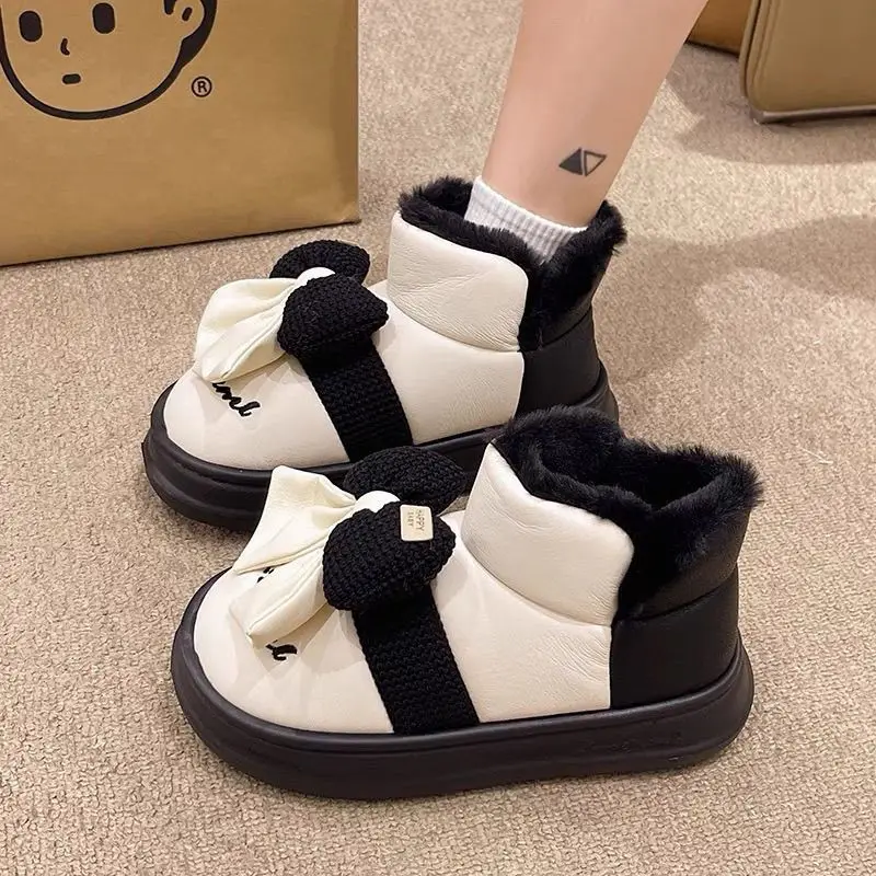 Color Blocking Bow Chunky Booties Winter Round Toe Plush Woman Shoes High Quality Waterproof Non Slip Y2k Snow Boots for Women