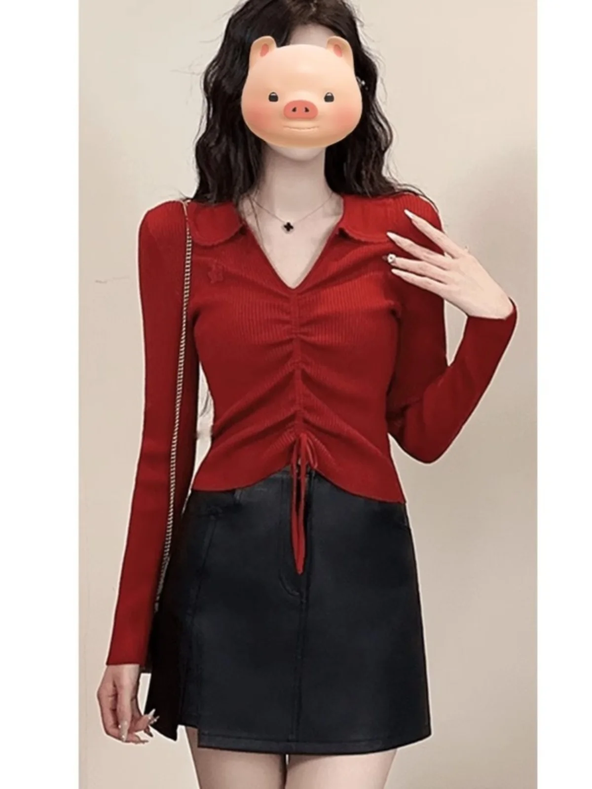 Korean Style Women's Knitted Sweater V-Neck Drawstring Waist Design Autumn Fashion Casual Comfortable Long Sleeve Top