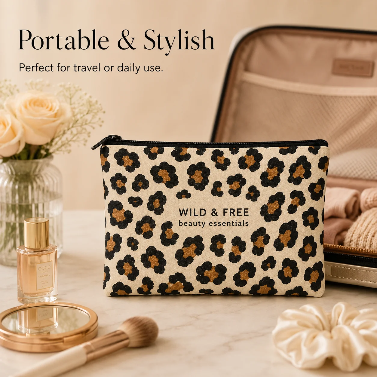 Leopard Canvas Makeup Bag for Women Portable Cosmetic Pouch with Zipper Travel Toiletry Organizer Beauty Essentials Storage Bag