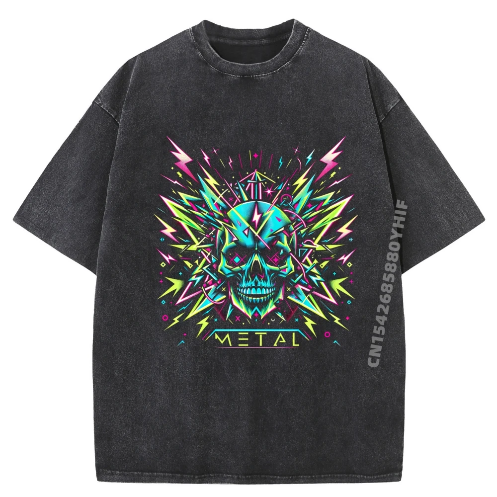 

Punk Skeleton Guitarist Printed T-Shirt Special Loose Female Tees Graphic Tees Retro Washed Tee Shirt